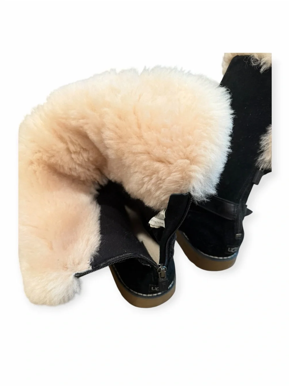 NWOT, UGG, Kids Black Suede Boots with Shearling Trim, Size 4